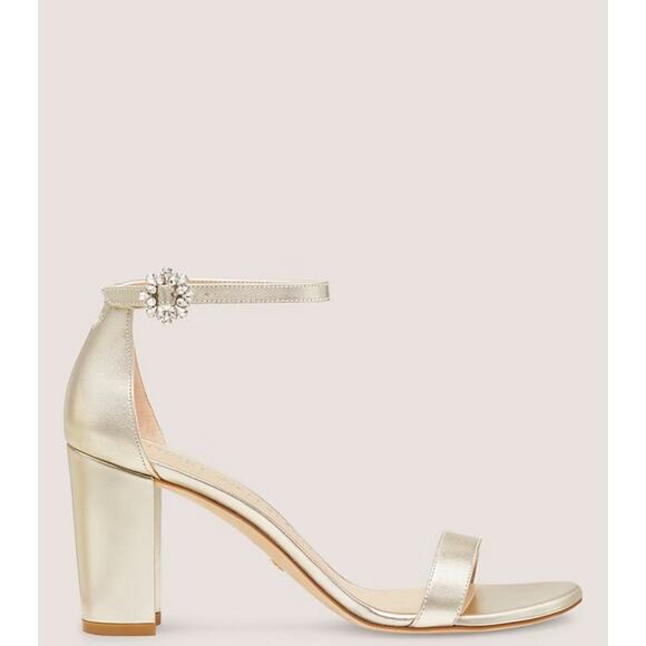 Stuart Weitzman Sandal Size 8 B Nearlynude Gem Buckle Gold GUC - Picture 1 of 14